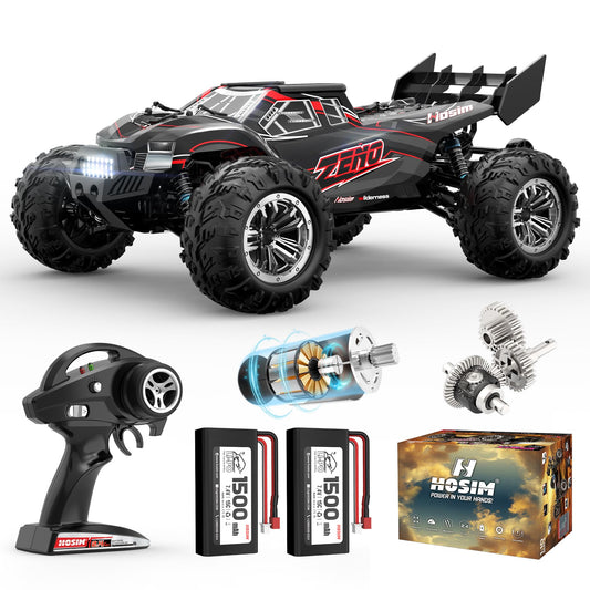 Hosim 1/10 RC car front view with LED lights for night off-road play.
