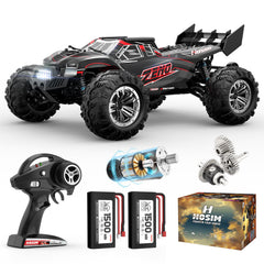 Hosim 1/10 RC car front view with LED lights for night off-road play.