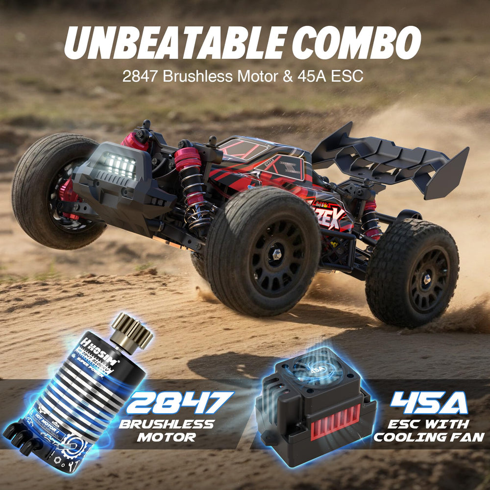 Hosim Brushless RC Buggy rear view showing rugged drivetrain for tough terrain.