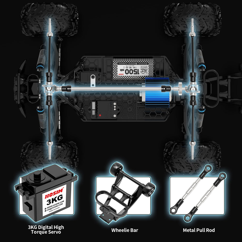Hosim RC car 2.4GHz transmitter provides precise control up to 100 meters.