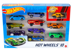 Hot Wheels 10-car pack in 1:64 scale for instant collection.