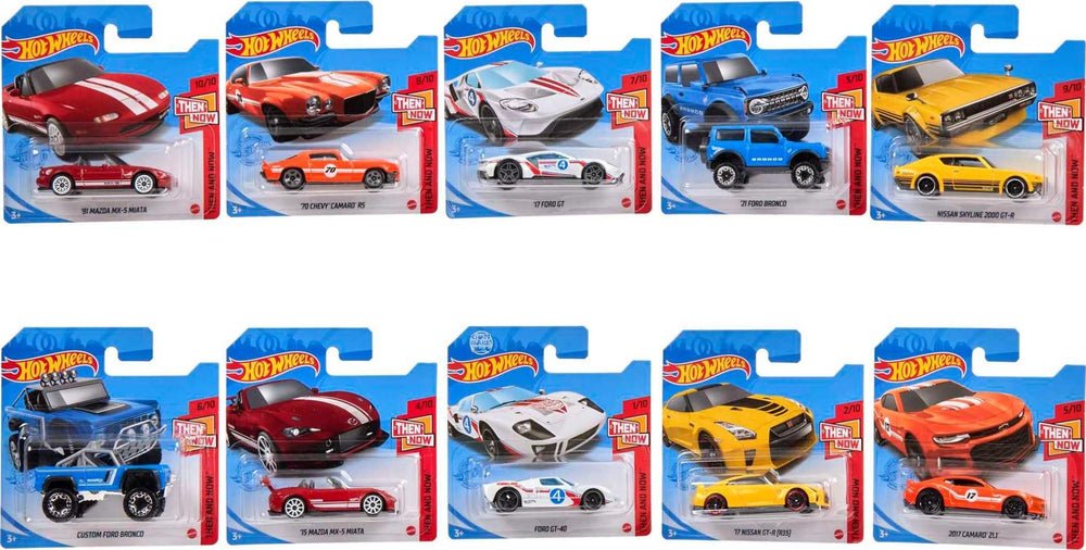 Hot Wheels 10-pack displays authentic 1:64 scale details for collection and imaginative play.