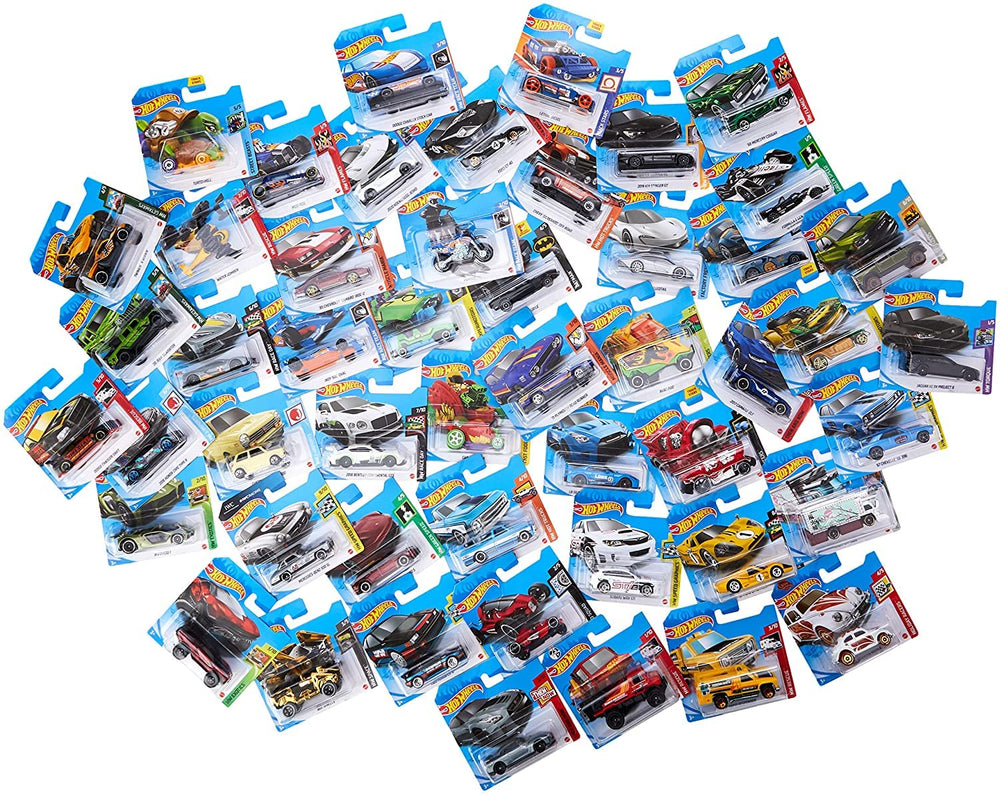 Hot Wheels 50-car diecast assortment in vibrant 1:64 scale for gift-ready display.