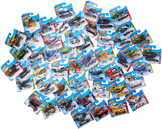 Hot Wheels 50-car diecast assortment in vibrant 1:64 scale for gift-ready display.