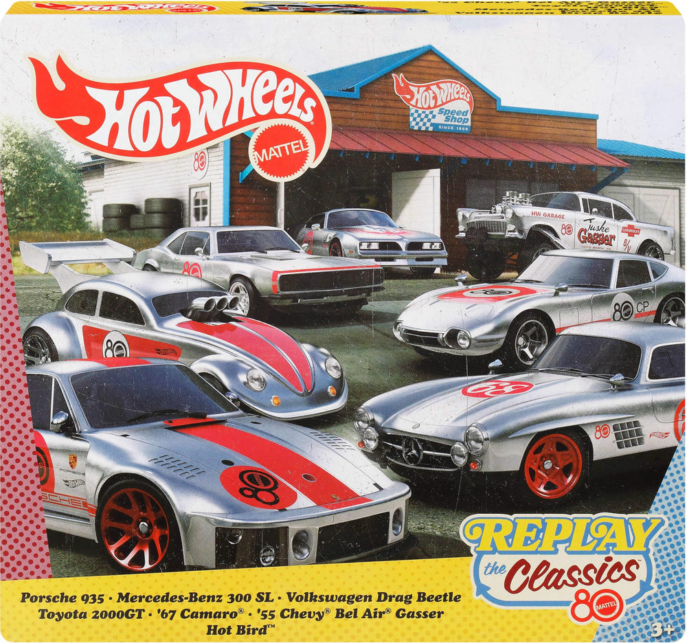 Hot Wheels 80th Anniversary seven-pack cover shows premium die-cast cars for display.
