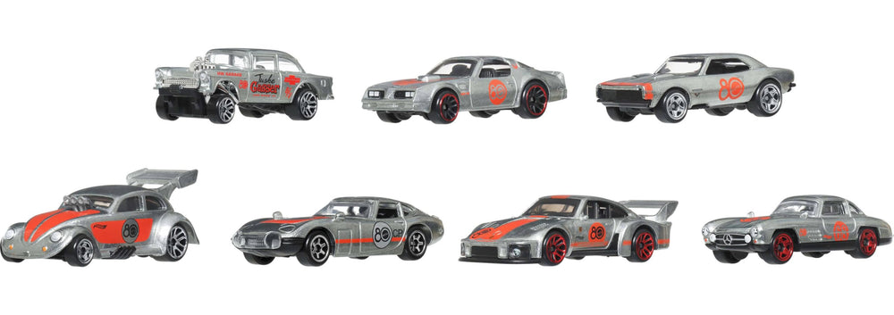 Hot Wheels seven-pack lineup features Bel Air 55 and Porsche 935 for nostalgic play.