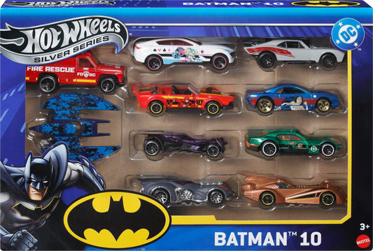 Hot Wheels Batman 10-Pack Batmobile displays iconic design for play and display.
