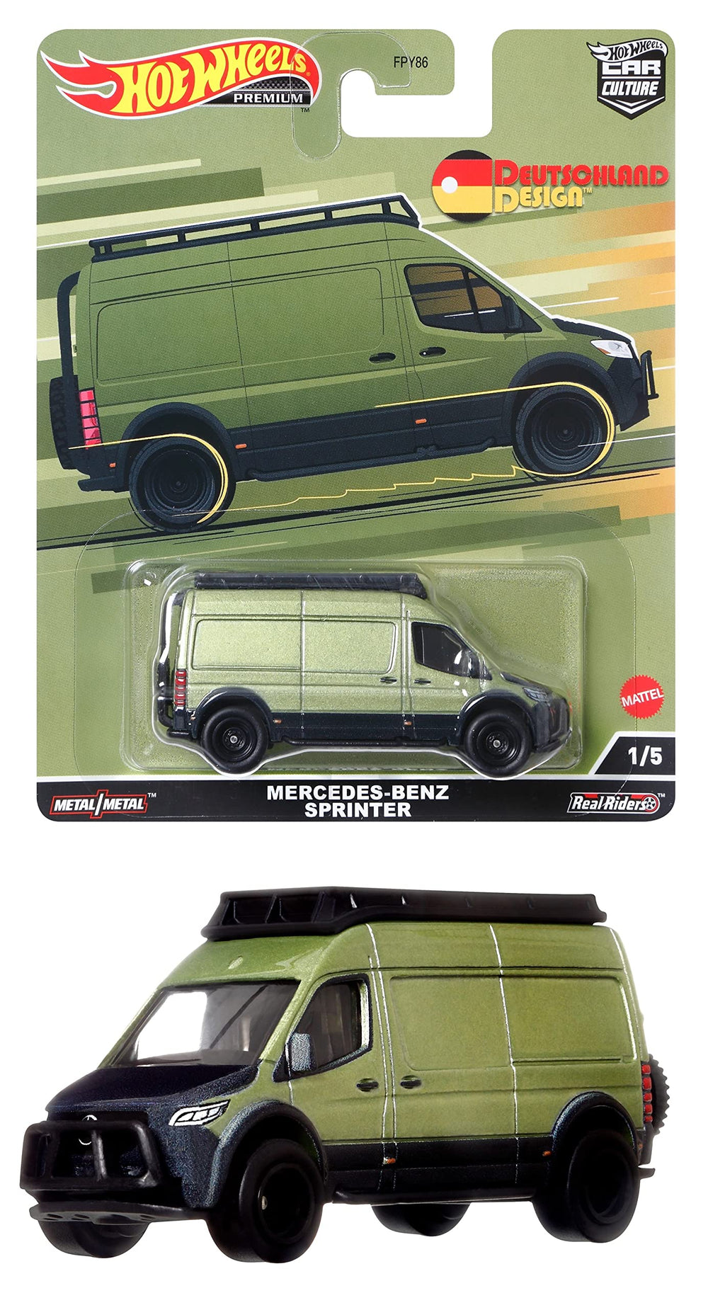 Hot Wheels Circuit Legend Mercedes Sprinter Van front view shows authentic deco for display.