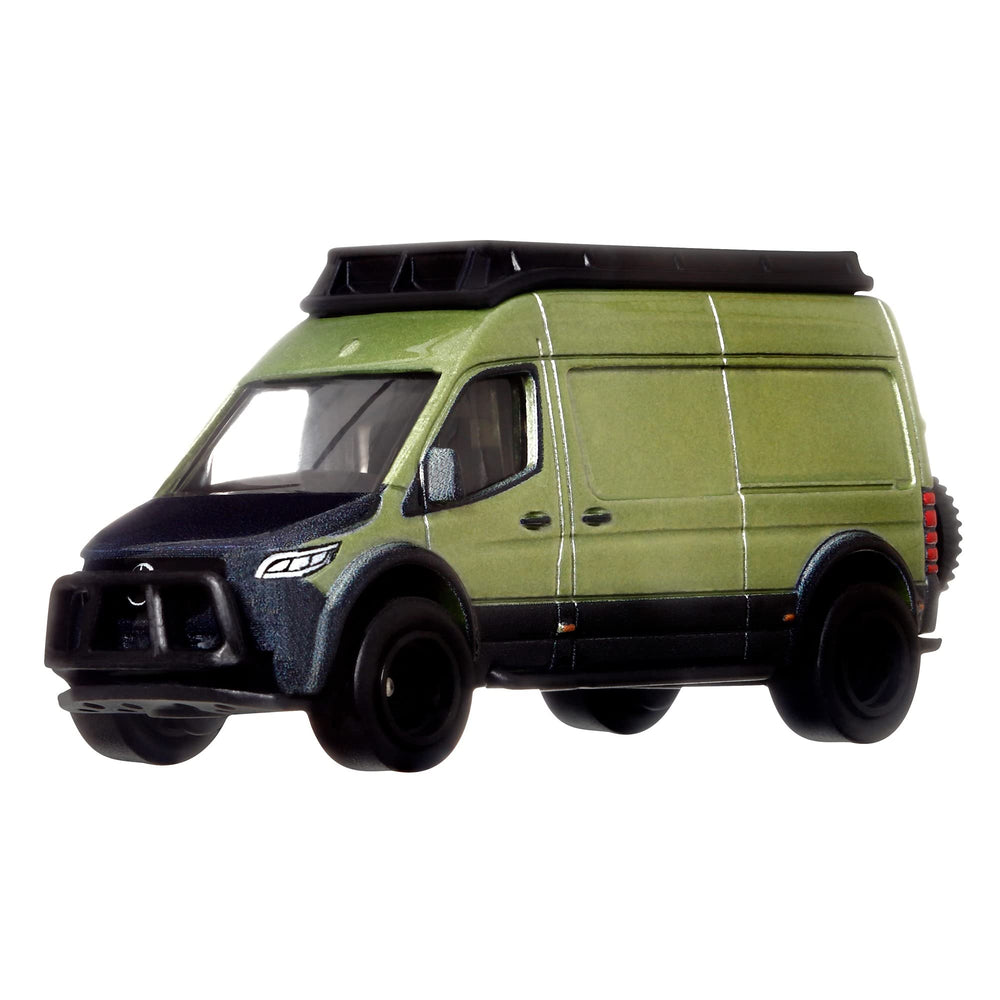 Hot Wheels Circuit Legend Mercedes Sprinter Van rear view shows detailed decals for display.