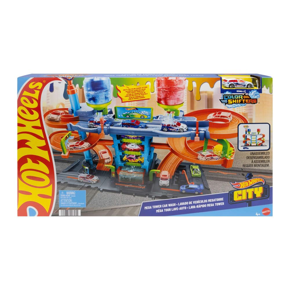 Hot Wheels City Mega Car Wash packaging shows included items and setup basics