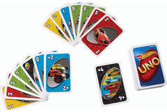 Hot Wheels collection artwork on UNO cards featuring American and European cars