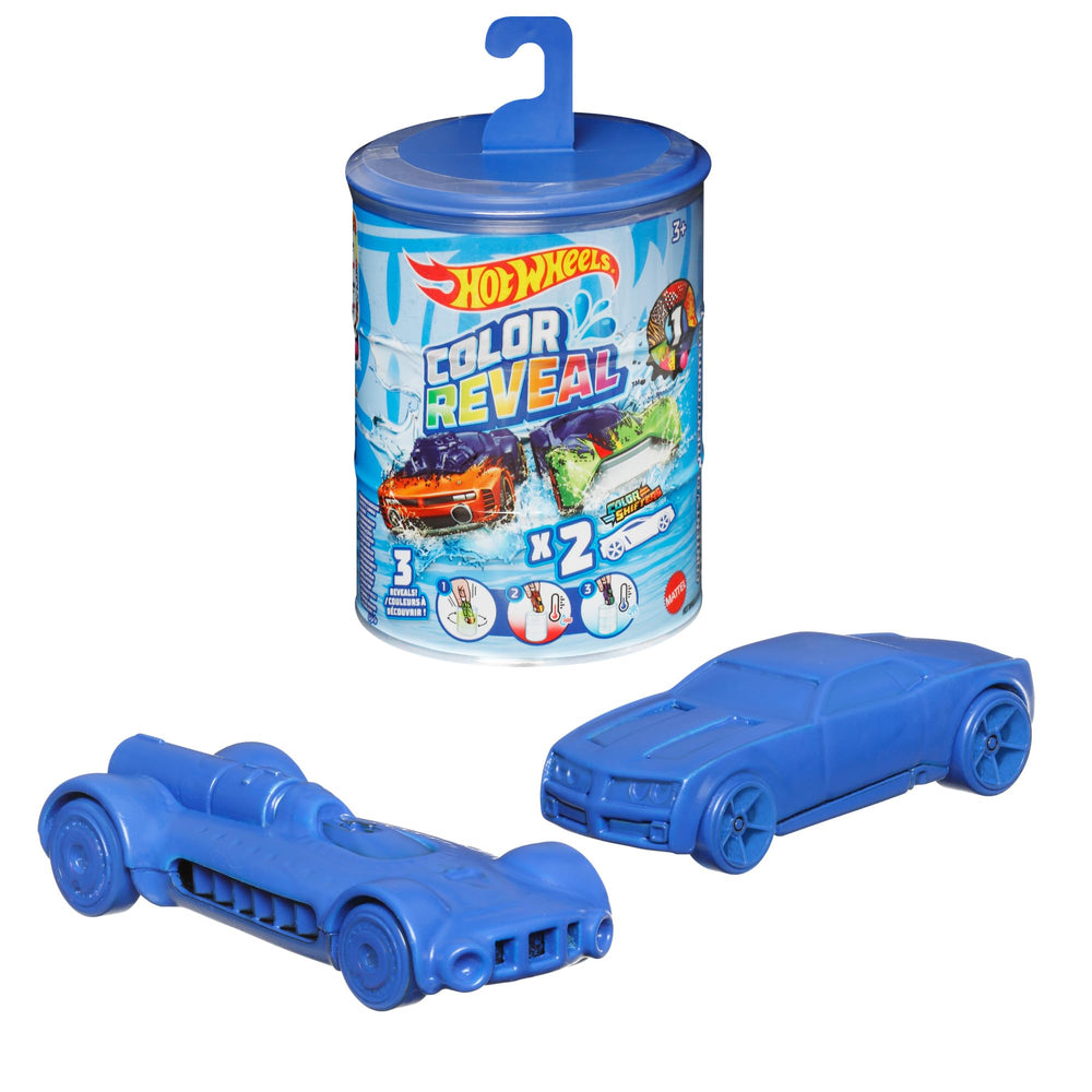Hot Wheels Color Reveal 2-Pack in barrel dunk tank showing color-change reveal.