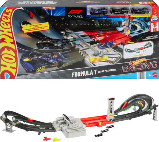 Hot Wheels Formula 1 Grand Prix Circuit track with booster speeds up racing play.