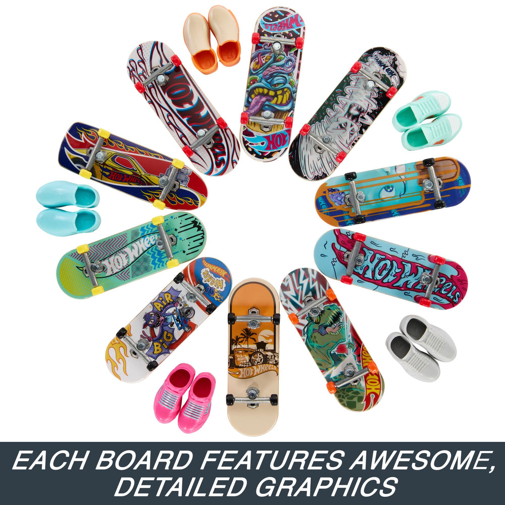 Hot Wheels fingerboard assembled collection showcases vivid graphics and ready-to-skate setup.