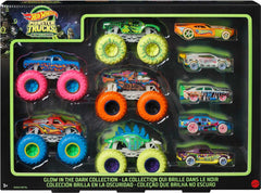 Hot Wheels glow-in-the-dark monster trucks 10-pack glow for exciting nighttime play sessions.
