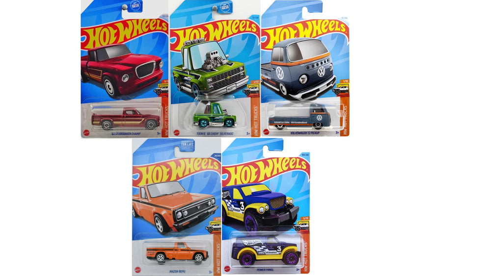Hot Wheels Hot Trucks 5-pack unboxing shows diverse die-cast trucks for display and play.