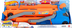 Hot Wheels HYT83 speed track transporter front view, portable design for on-the-go car storage.