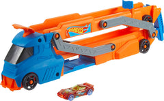 Hot Wheels HYT83 transporter with open top storage, easy car loading and transport.