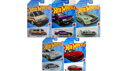 Hot Wheels J-Imports 5-pack die-cast cars for display and play.