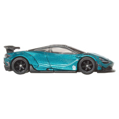Hot Wheels LB-Works McLaren 720S Belize Blue body with carbon fiber hood for display.