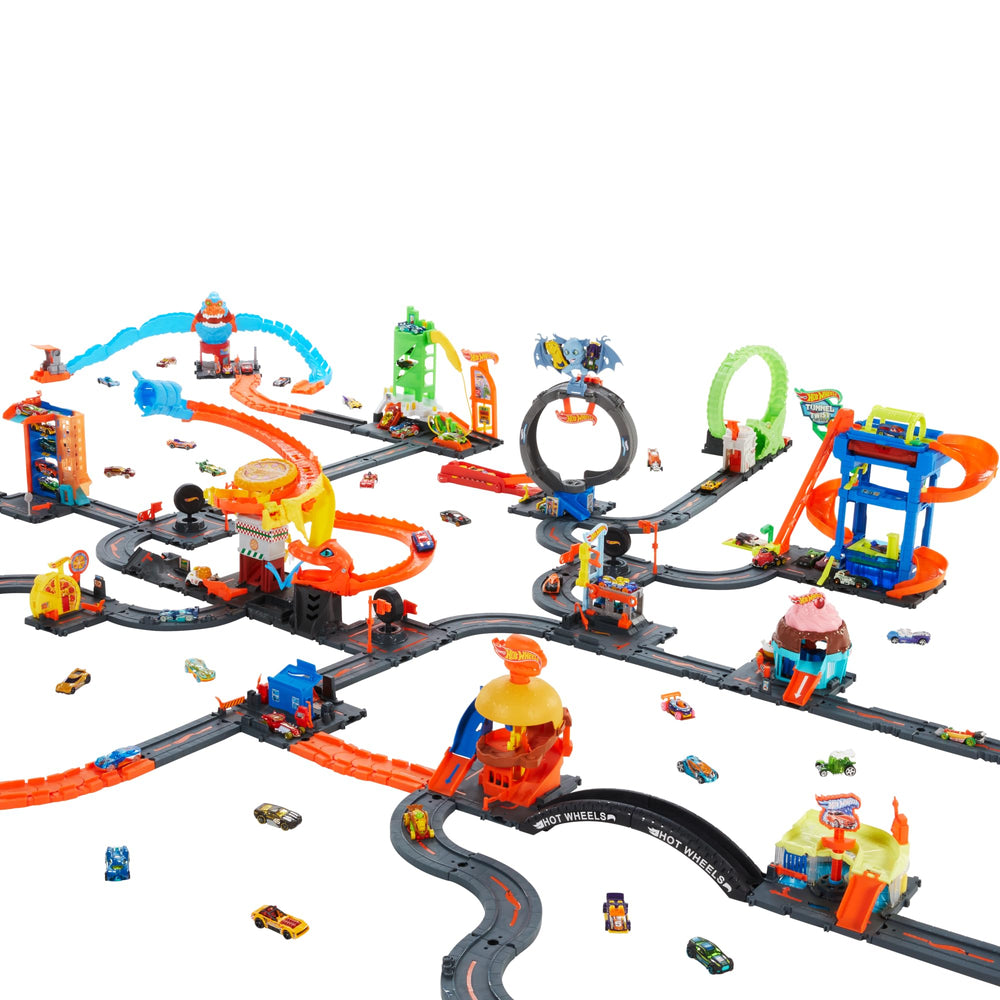 Hot Wheels logo spin mechanic enabling quick car movement through swirl