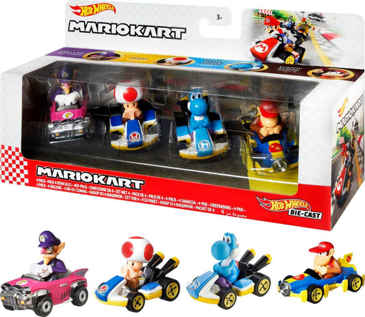 Hot Wheels Mario Kart 4-Pack front view featuring four character karts for imaginary race action.