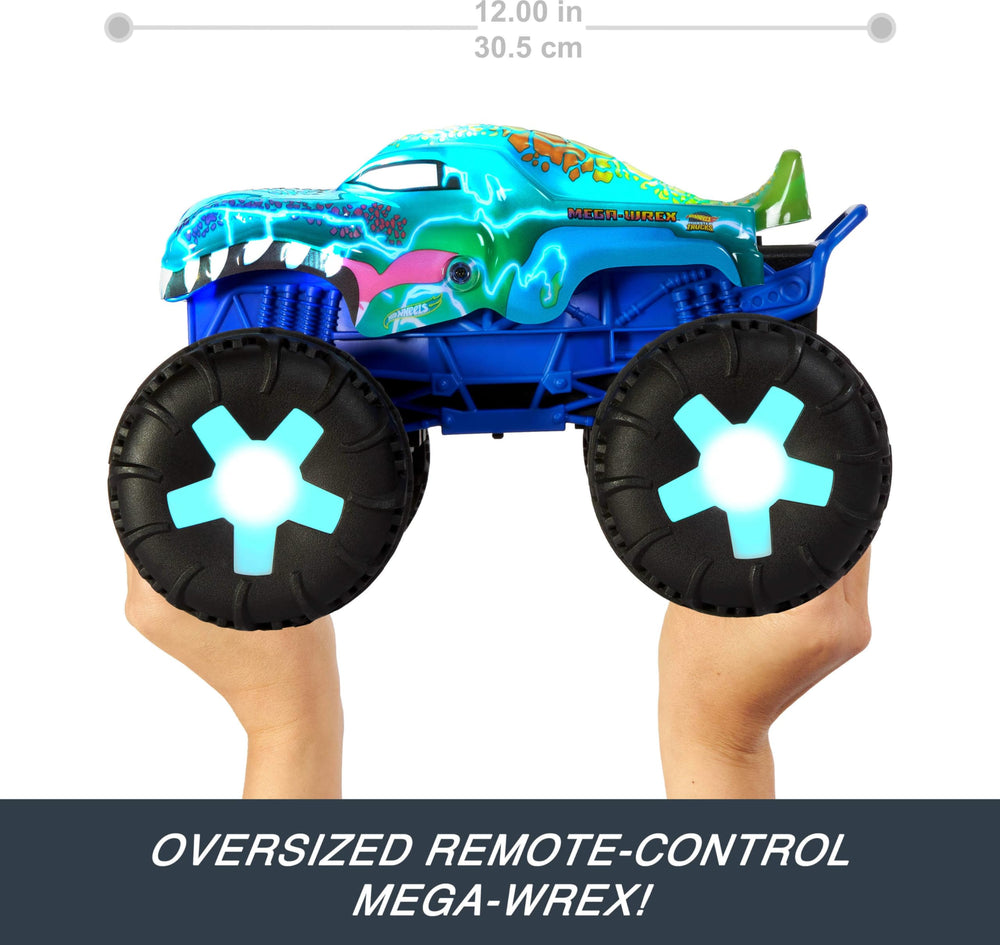 Hot Wheels Mega-Wrex in smasher mode delivering bold tires and fierce sounds.