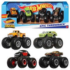Hot Wheels Monster Trucks 4-Pack front box view showcases vibrant decos for display and play