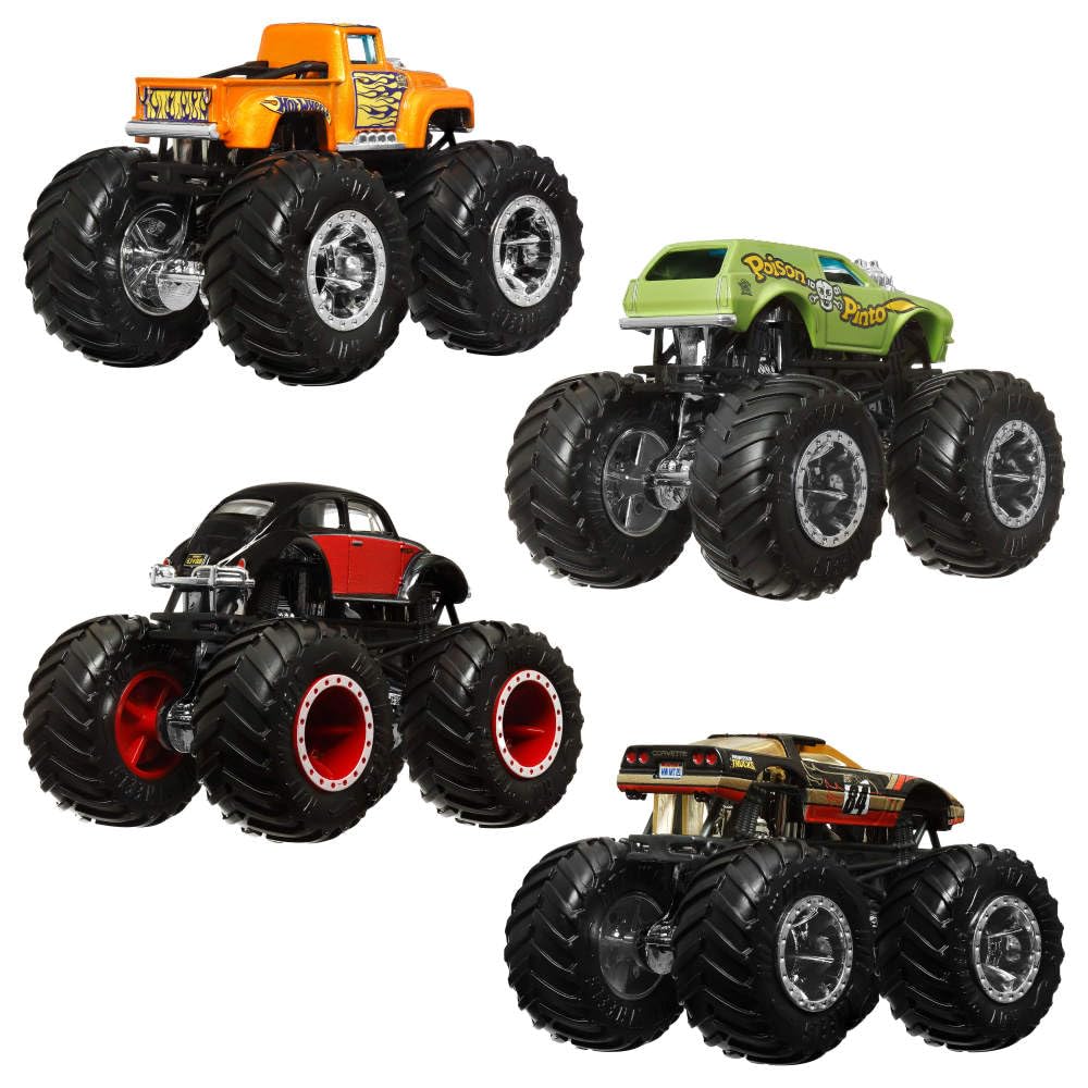 Hot Wheels Monster Trucks 4-Pack giant wheels closeup captures scale and action-ready design