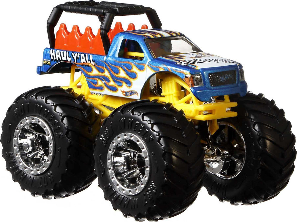 Hot Wheels Monster Trucks with giant wheels and rugged details for pretend crashes.