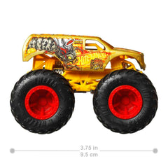 Hot Wheels Monster Trucks 4-Pack stats card highlights strengths and crash details for storytelling