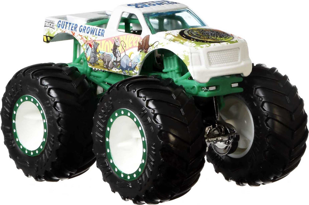 Hot Wheels Monster Trucks 4-pack in window box for instant action play.
