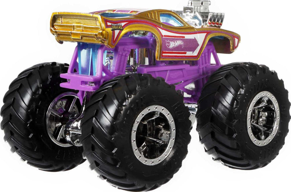 Hot Wheels Monster Trucks back panel shows stats like strength and crash attacks.