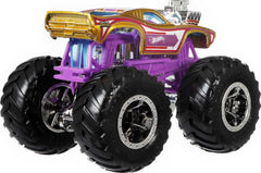 Hot Wheels Monster Trucks back panel shows stats like strength and crash attacks.