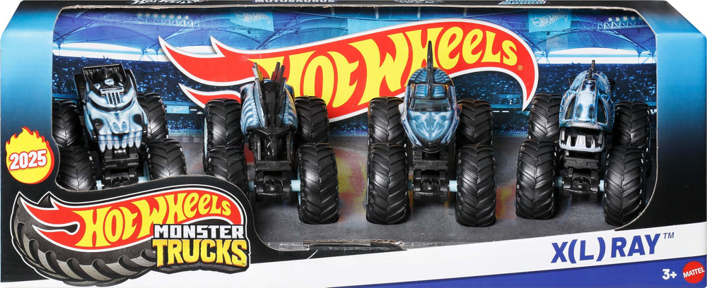 Hot Wheels Monster Trucks X-Ray 4-Pack bright colors showcase vibrant display on shelves.