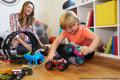 Hot Wheels oversized monster truck with giant wheels for dramatic crashes and stunts.