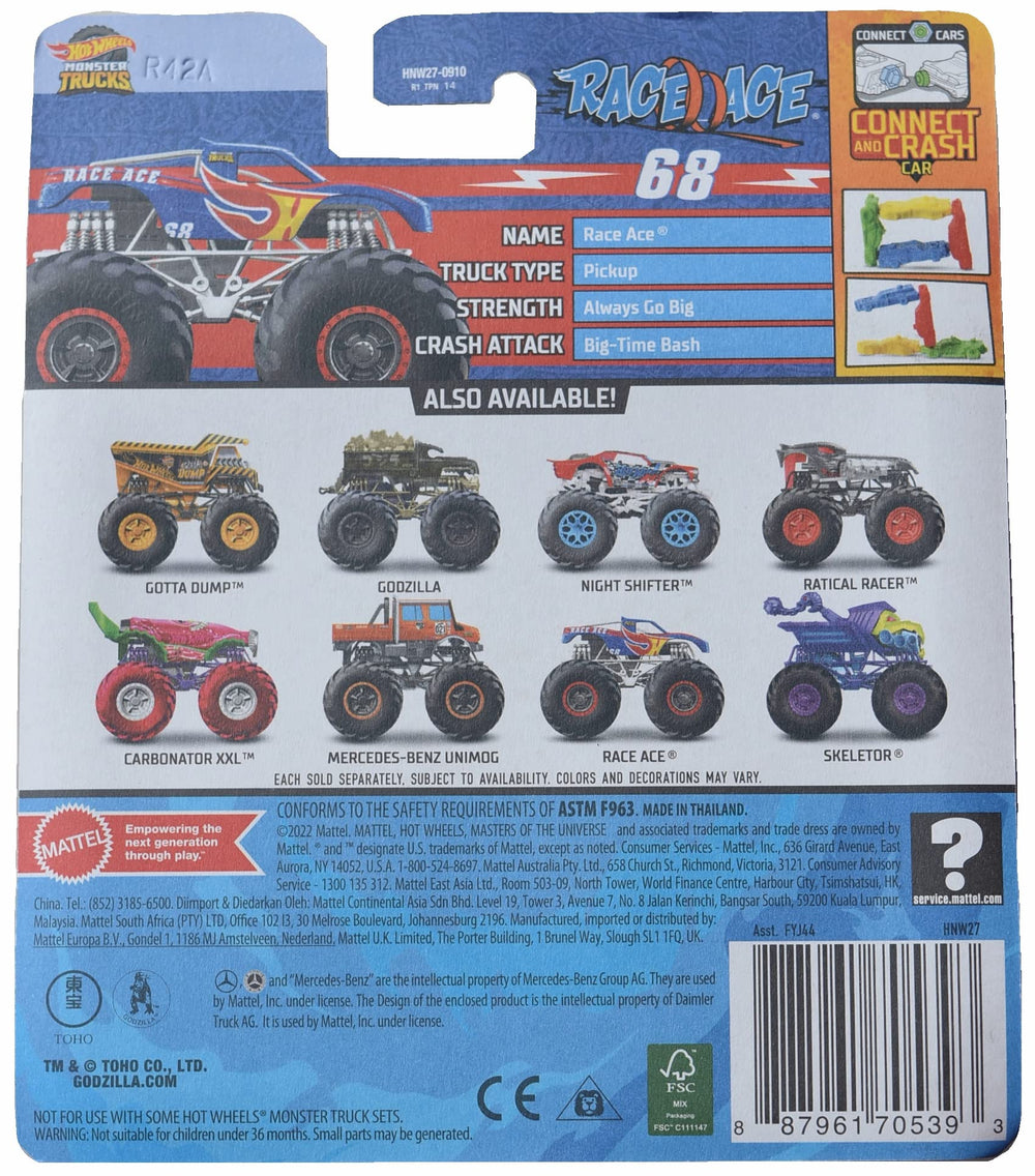 Hot Wheels Race Ace monster truck side view showing bold design and details.