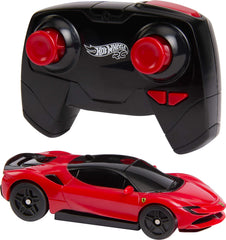 Hot Wheels RC 1:64 Ferrari SF90 Stradale Assetto Fiorano on-track action on a smooth surface.