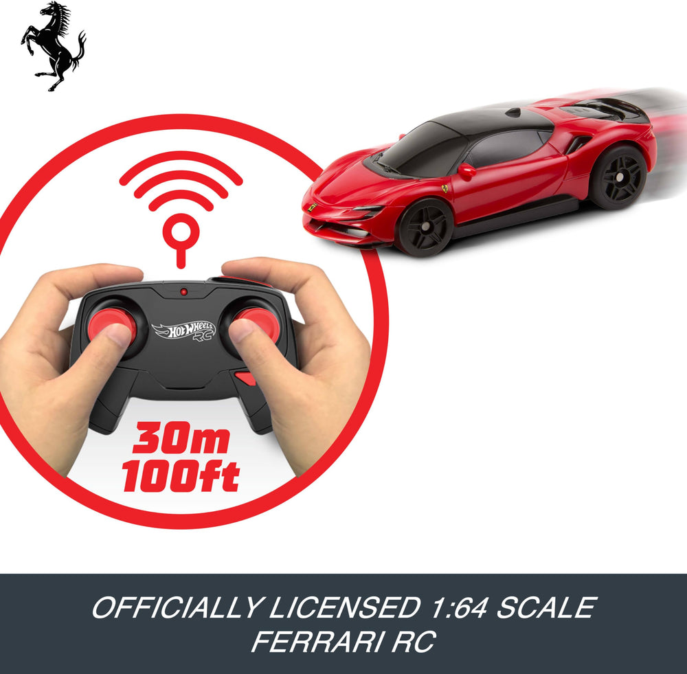 Hot Wheels RC 1:64 Ferrari SF90 Stradale Assetto Fiorano remote with 2.4 GHz for interference-free racing.