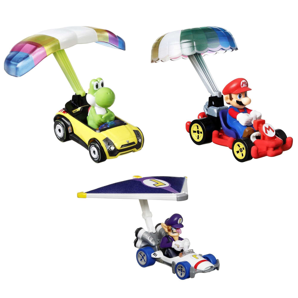 Hot Wheels Super Mario 3-pack set on display with three collectible cars for play and display.