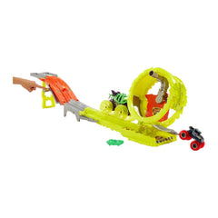 Hot Wheels power-switch release launches both trucks for quick races.