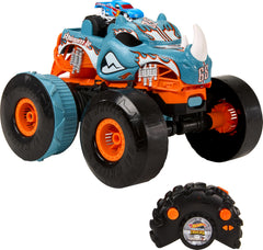Hot Wheels Rhinomite RC truck front view with bold decals and rugged tires for action.