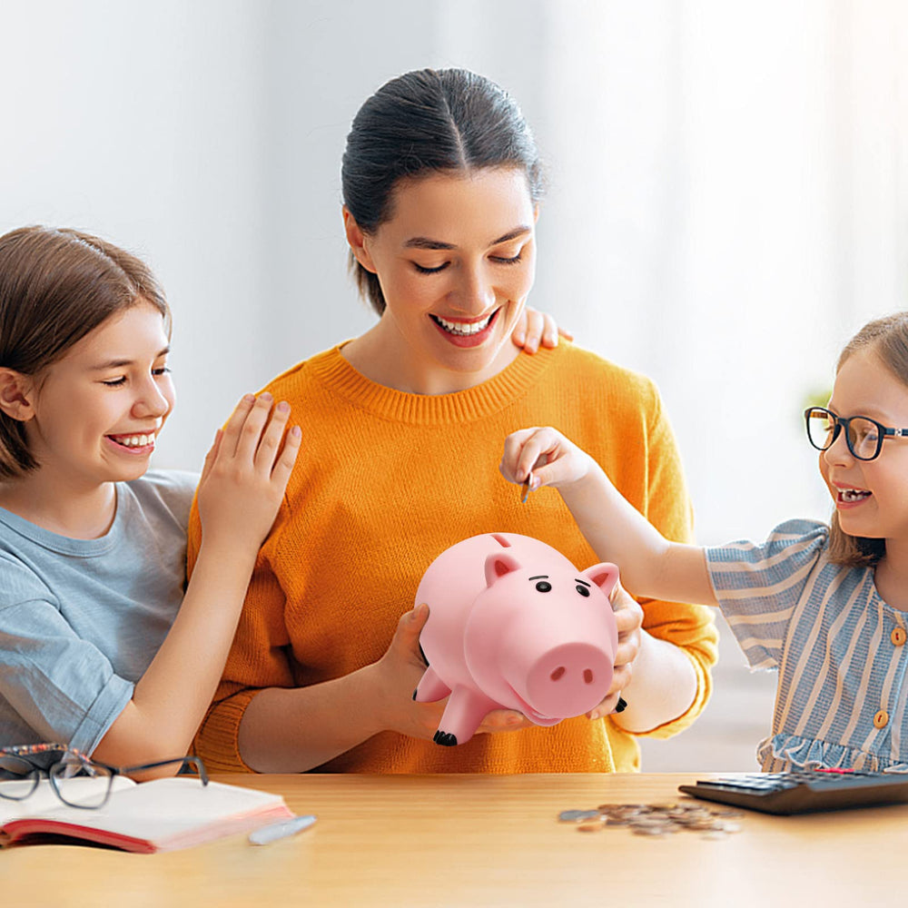 HOTFUN piggy bank gift-ready pink design appeals to kids.