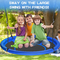 Hotjump strong ropes and metal rings provide secure mounting for the saucer swing.