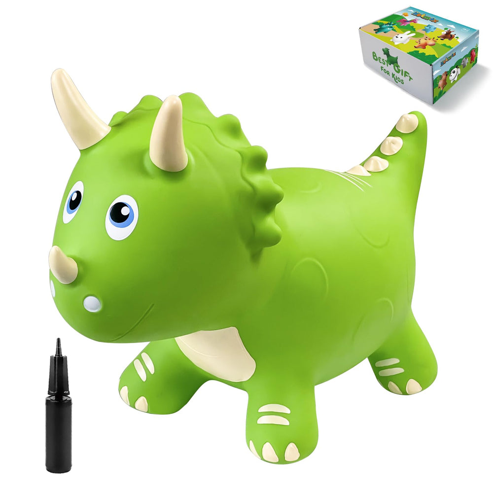 Kids enjoying HotMax dinosaur bouncy hopper for imaginative adventures.