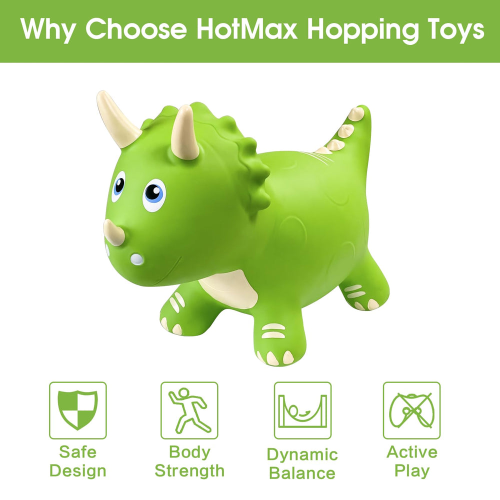 HotMax bouncy hopper detail of triceratops with stable base for safety.