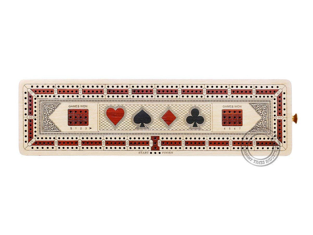 House of Cribbage engraved tracks on maple and bloodwood highlight precise scoring.