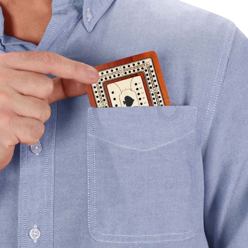 House of Cribbage leatherette case protects board in transit.