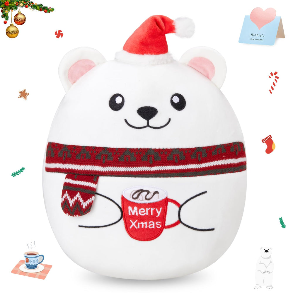 Houwsbaby polar bear plush pillow with Santa hat and hot cocoa for cozy seasonal vibes.
