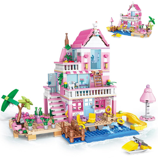 HSANHE pink girls seaside villa assembly for collaborative building fun.